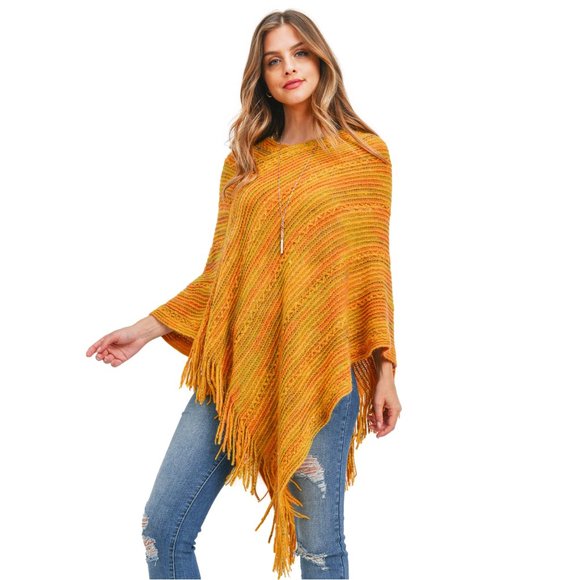 Stripe Knit Poncho with Fringe - Mustard - Picture 3 of 5